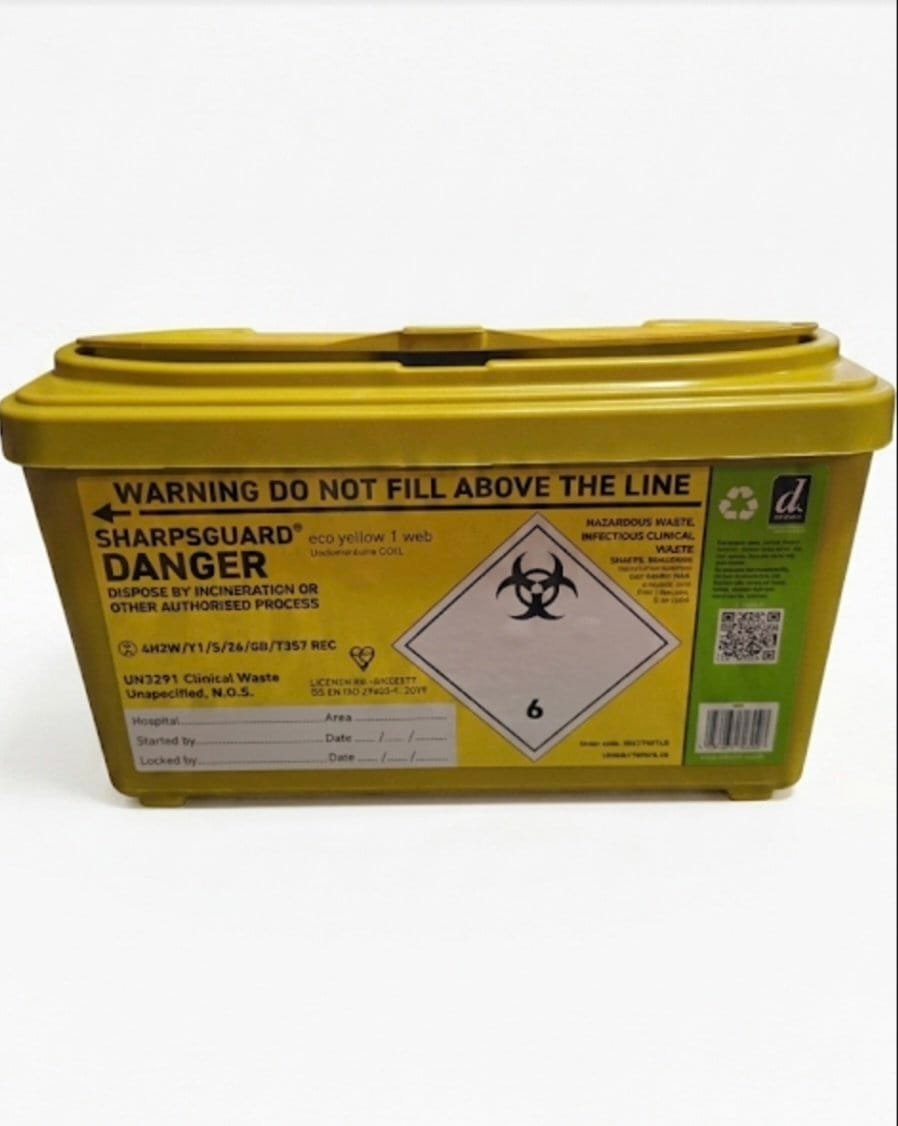 Opti-Gen Peptides SharpsGuard Bin – Premium research-grade biohazard sharps container for safe needle and syringe disposal in laboratory use