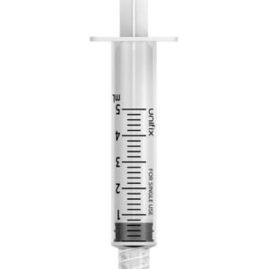 Clear plastic Unifix 5ml medical syringe with Luer lock tip, black measurement markings from 0 to 5 ml, plunger retracted at the bottom, against a white background. FOR SINGLE USE.