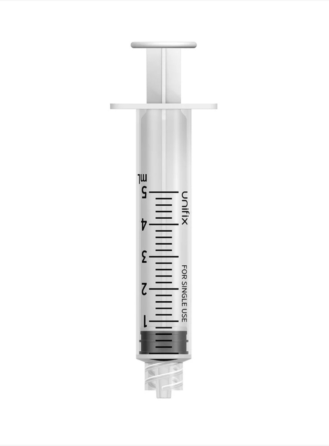 Clear plastic Unifix 5ml medical syringe with Luer lock tip, black measurement markings from 0 to 5 ml, plunger retracted at the bottom, against a white background. FOR SINGLE USE.
