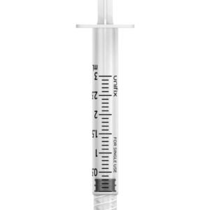Clear plastic BD 3ml medical syringe with black measurement markings from 0 to 3 ml, plunger retracted at the bottom, and Luer lock tip at the top against a white background.