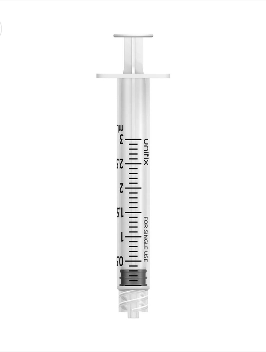 Clear plastic BD 3ml medical syringe with black measurement markings from 0 to 3 ml, plunger retracted at the bottom, and Luer lock tip at the top against a white background.