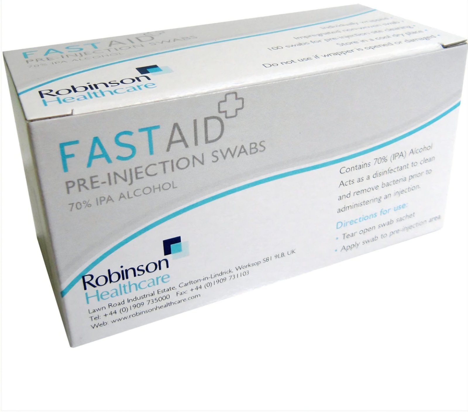 FASTAID Pre-Injection Swabs 70% IPA Alcohol by Robinson Healthcare – box of 100 individually wrapped non-woven alcohol swabs for skin disinfection before injection