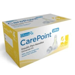 GlucoRx CarePoint Ultra Insulin Pen Needles 4mm 32G – box of 100 sterile single-use universal fit pen needles for insulin and GLP-1 injections