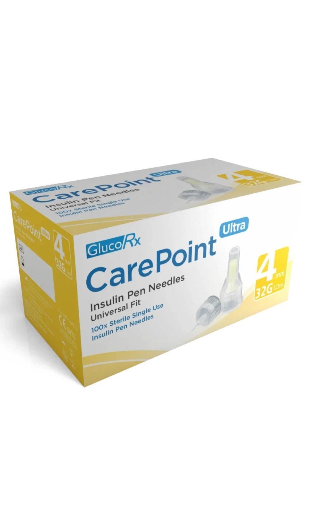 GlucoRx CarePoint Ultra Insulin Pen Needles 4mm 32G – box of 100 sterile single-use universal fit pen needles for insulin and GLP-1 injections