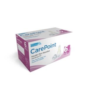 GlucoRx CarePoint Insulin Pen Needles box, 6mm 31G, Universal Fit, purple and white packaging with product name, needle length, gauge, and sterile needles for insulin pen devices.