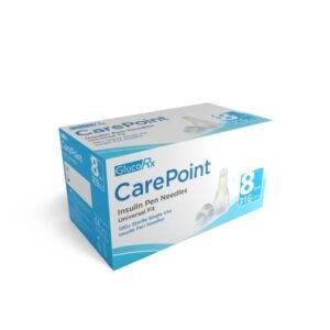 GlucoRx CarePoint Insulin Pen Needles box, 8mm 31G, Universal Fit, showing blue and white packaging with product name, needle length, gauge, and sterile needles for insulin pen devices.
