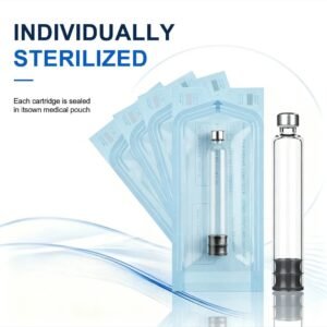 Individually sterilized 3ml glass injector pen cartridges sealed in blue Tyvek medical pouches, with one clear glass cartridge standing upright showing metal cap and rubber stopper.