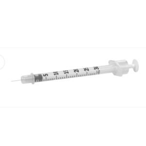 0.3ml all-in-one insulin syringe with integrated 6mm fine needle, clear barrel showing black unit markings from 5 to 30, and white plunger against a white background.