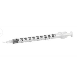1.0ml insulin syringe with integrated 6mm fine needle, clear barrel showing black unit markings from 10 to 100, and white plunger against a white background.