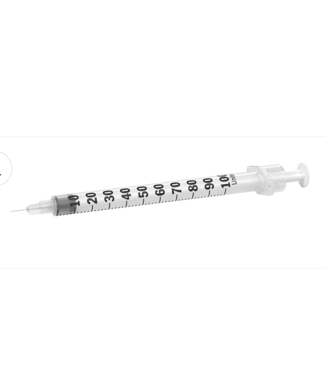 1.0ml insulin syringe with integrated 6mm fine needle, clear barrel showing black unit markings from 10 to 100, and white plunger against a white background.