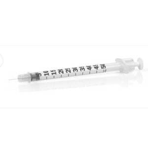 0.5ml insulin syringe with integrated 6mm fine needle, clear barrel showing black unit markings from 5 to 50, and white plunger against a white background.