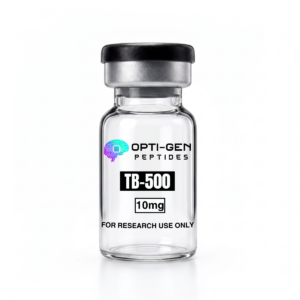 Opti-Gen Peptides TB-500 10mg glass research vial labelled for research use only