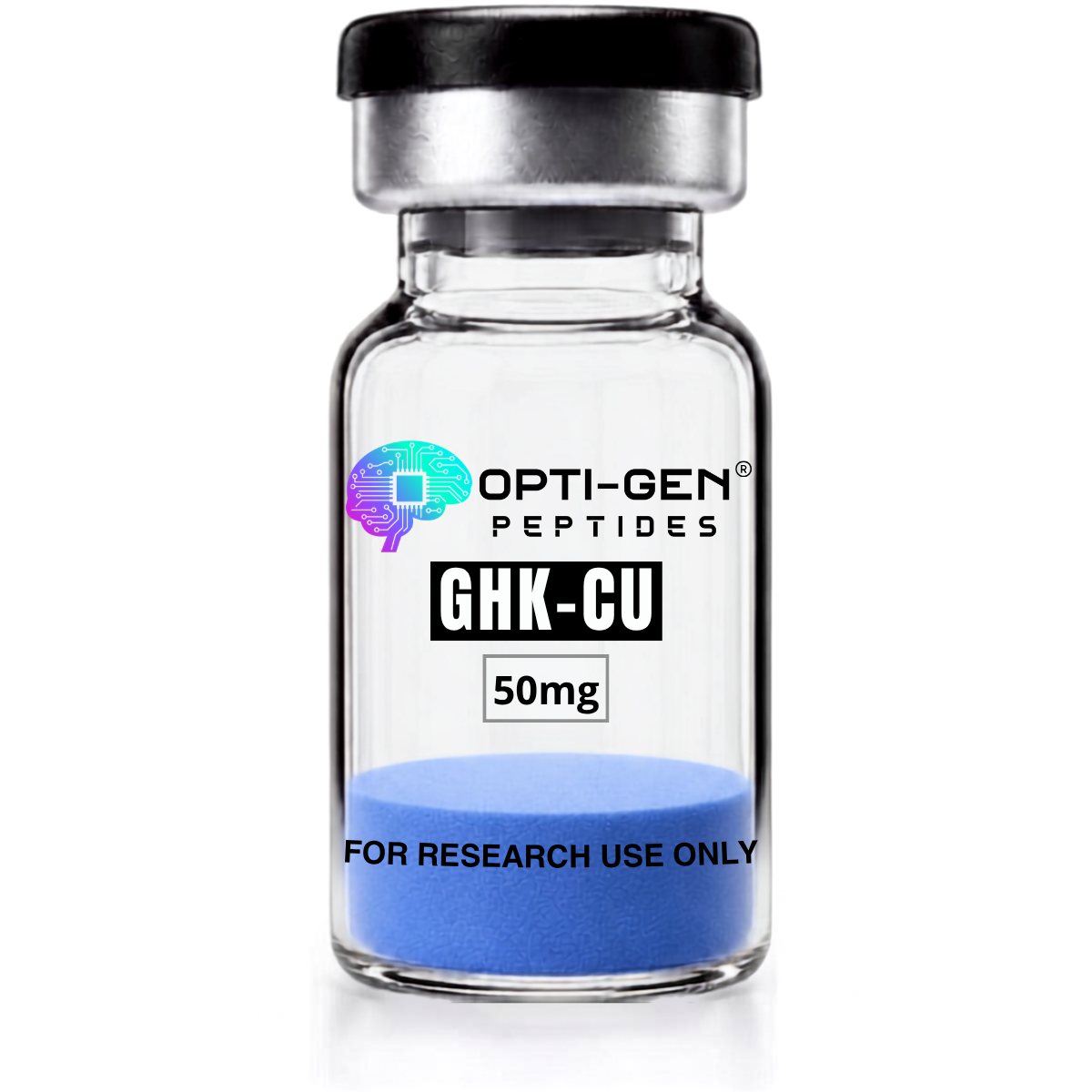 OPTI-GEN Peptides GHK-Cu 50mg research peptide vial with black cap and clear glass bottle labeled for research purpose only