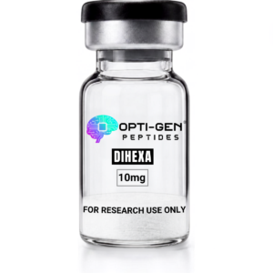 Opti-Gen Dihexa 10mg research vial, sealed glass peptide vial labelled for research use only