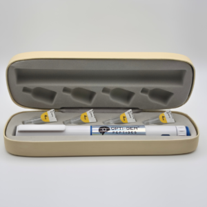 Opti-Gen Peptides Retatrutide injection pen in beige protective travel case with four numbered needle tips
