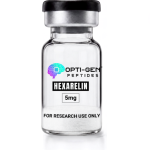 Opti-Gen Hexarelin 5mg research vial, sealed glass peptide vial labelled for research purpose only