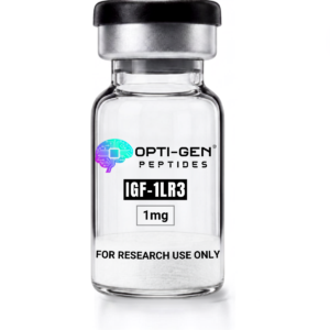 Opti-Gen IGF-1 LR3 1mg research vial, sealed glass peptide vial labelled for research use only