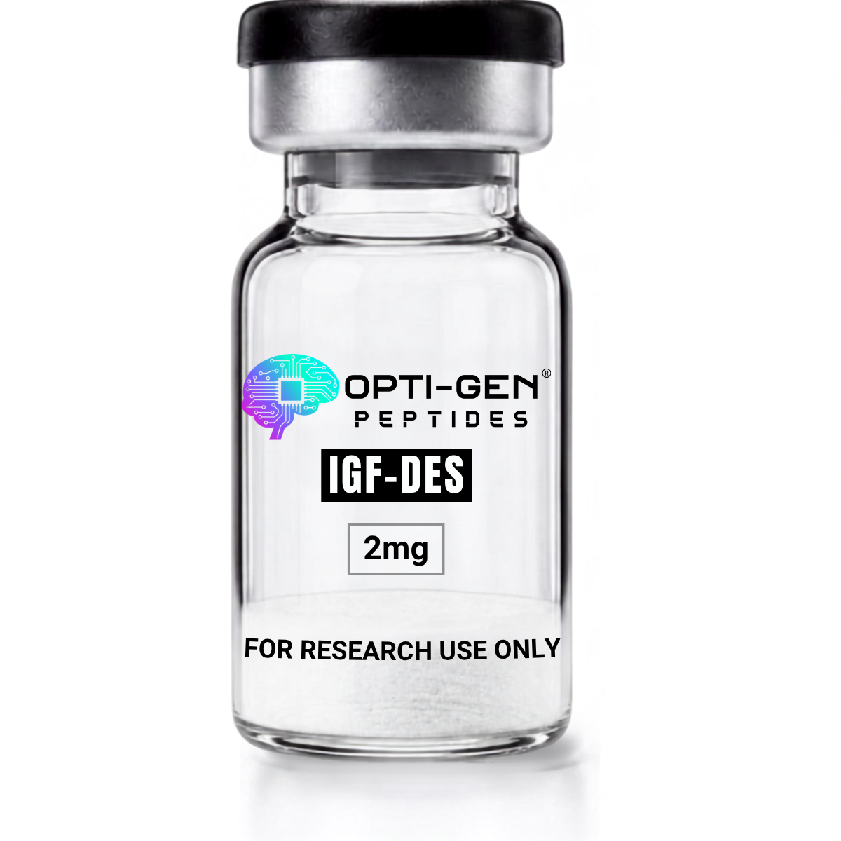 Opti-Gen IGF-DES 2mg research vial, sealed glass peptide vial labelled for research use only
