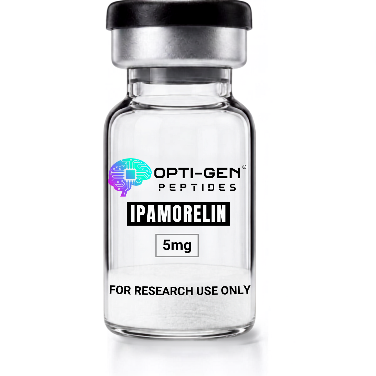 OPTI-GEN Peptides Ipamorelin 5mg research peptide vial with black cap and clear glass bottle labeled for research purpose only