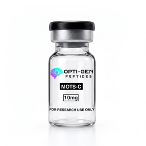 Opti-Gen MOTS-C 10mg research vial, sealed glass peptide vial labelled for research use only