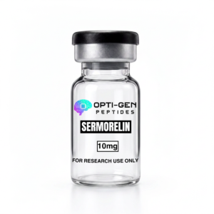 Opti-Gen Peptides Sermorelin 10mg glass research vial labelled for research use only