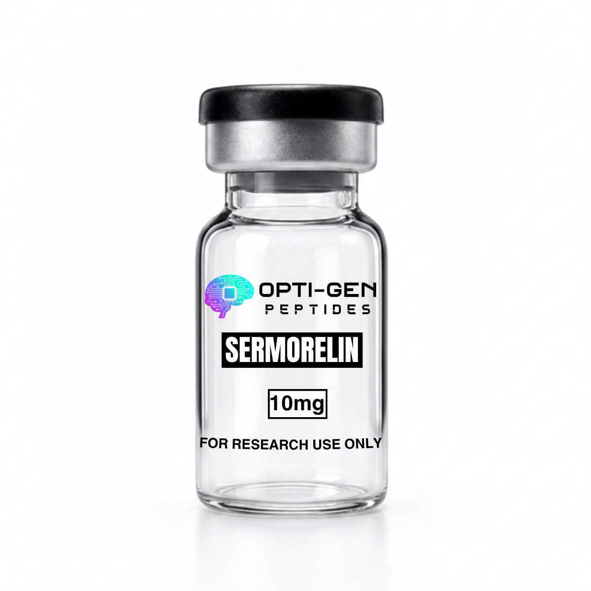 Opti-Gen Peptides Sermorelin 10mg glass research vial labelled for research use only