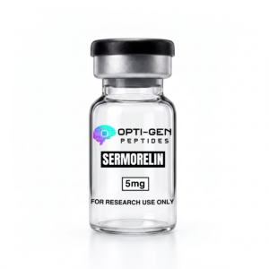 Opti-Gen Peptides Sermorelin 5mg glass research vial labelled for research use only