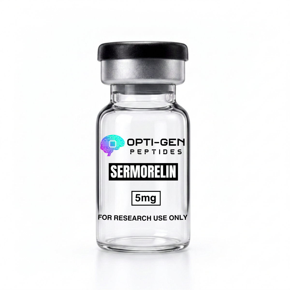 Opti-Gen Peptides Sermorelin 5mg glass research vial labelled for research use only