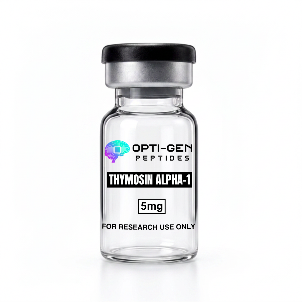Opti-Gen Peptides Thymosin Alpha-1 5mg glass research vial labelled for research use only