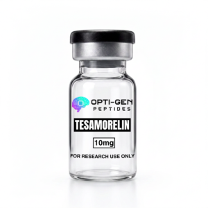 Opti-Gen Peptides Tesamorelin 10mg glass research vial labelled for research use only