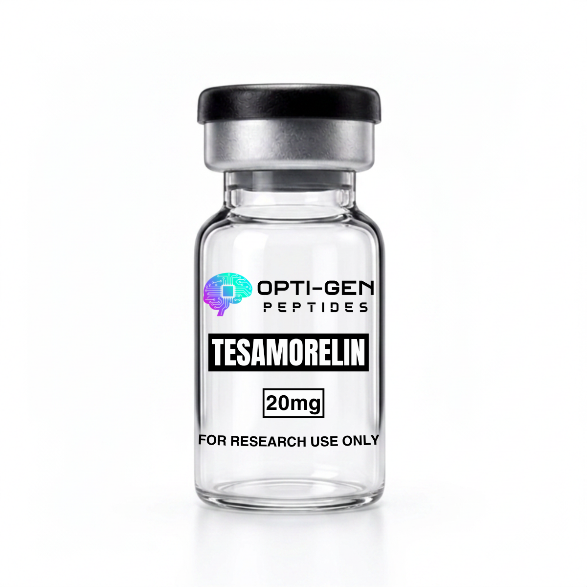 Opti-Gen Peptides Tesamorelin 20mg glass research vial labelled for research use only