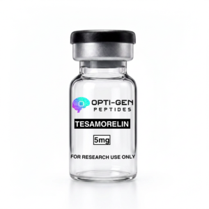 Opti-Gen Tesamorelin Peptide 5mg research vial, sealed glass peptide vial labelled for research use only