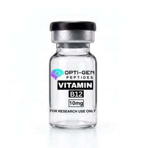 OPTI-GEN Peptides Vitamin B12 10mg research peptide vial with black cap and clear glass bottle labeled for research purpose only