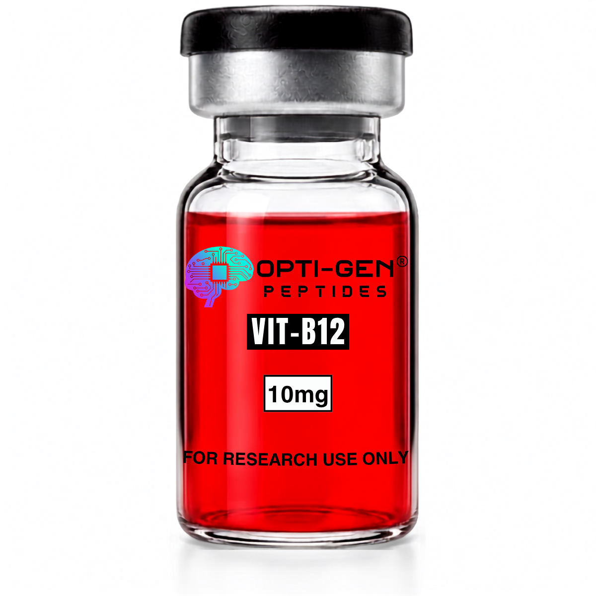 OPTI-GEN Peptides Vitamin B12 10mg research peptide vial with black cap and clear glass bottle labeled for research purpose only
