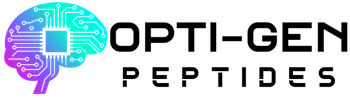 Opti-Gen Peptide Store logo – digital AI brain with circuit board pathways and central microchip in purple-to-cyan gradient on black background