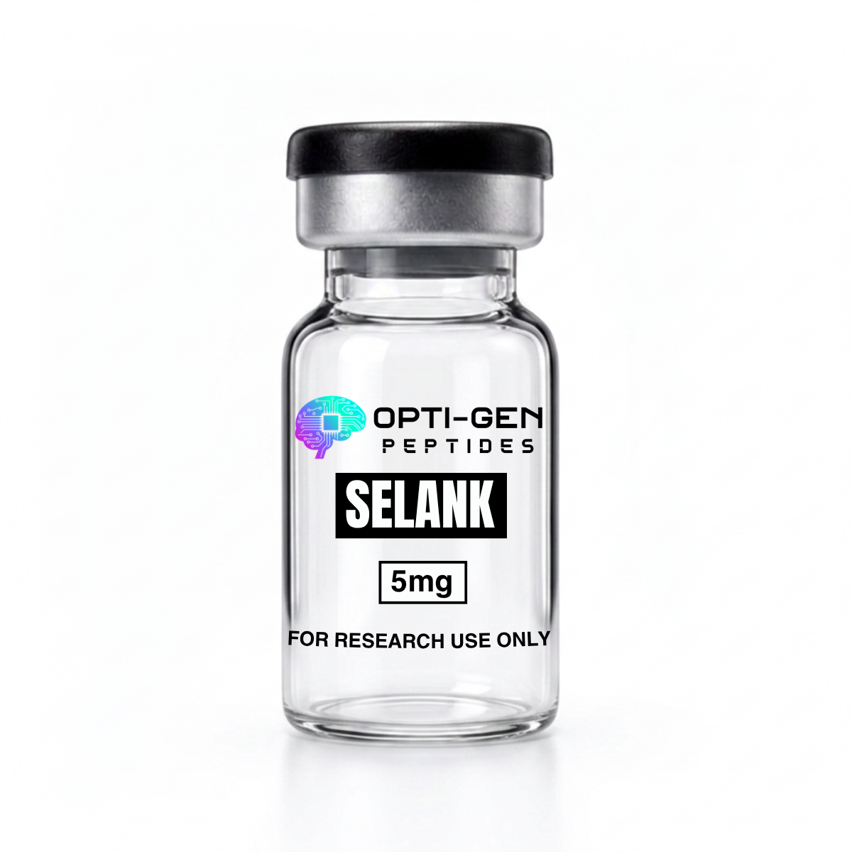 Opti-Gen Peptides Selank 5mg glass research vial labelled for research use only