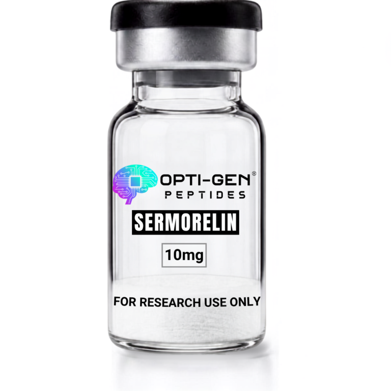 Opti-Gen Peptides Sermorelin 10mg glass research vial labelled for research use only