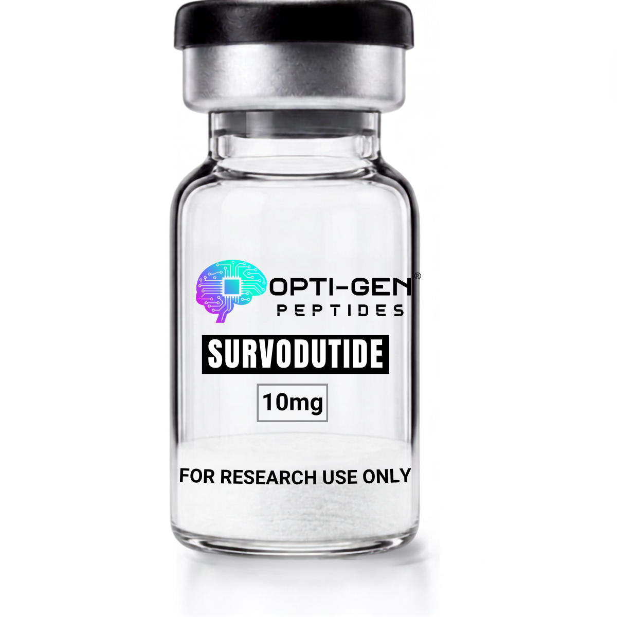 Opti-Gen Peptides Survodutide 10mg glass research vial labelled for research use only
